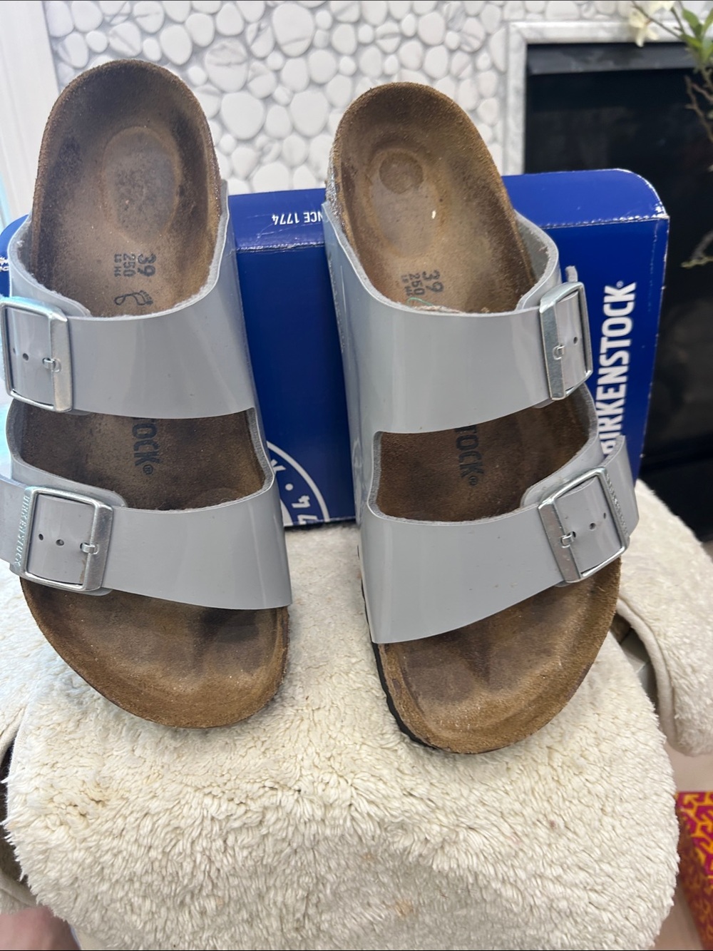 Birkenstock Two-Strap Sandals in Light Silver Patent
